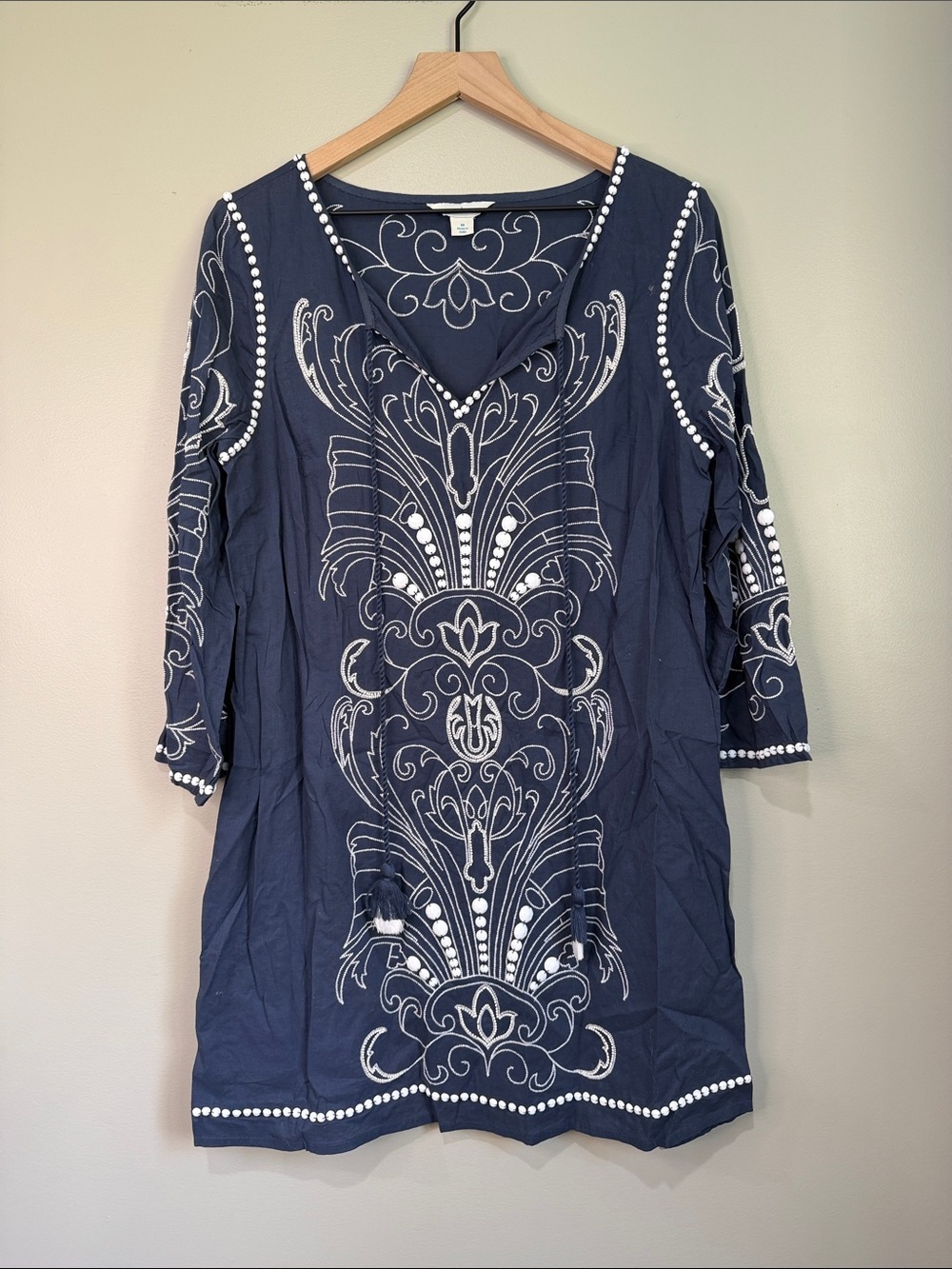 Sundance Palace Tunic Dress Navy Embroidered V-Neck Medium